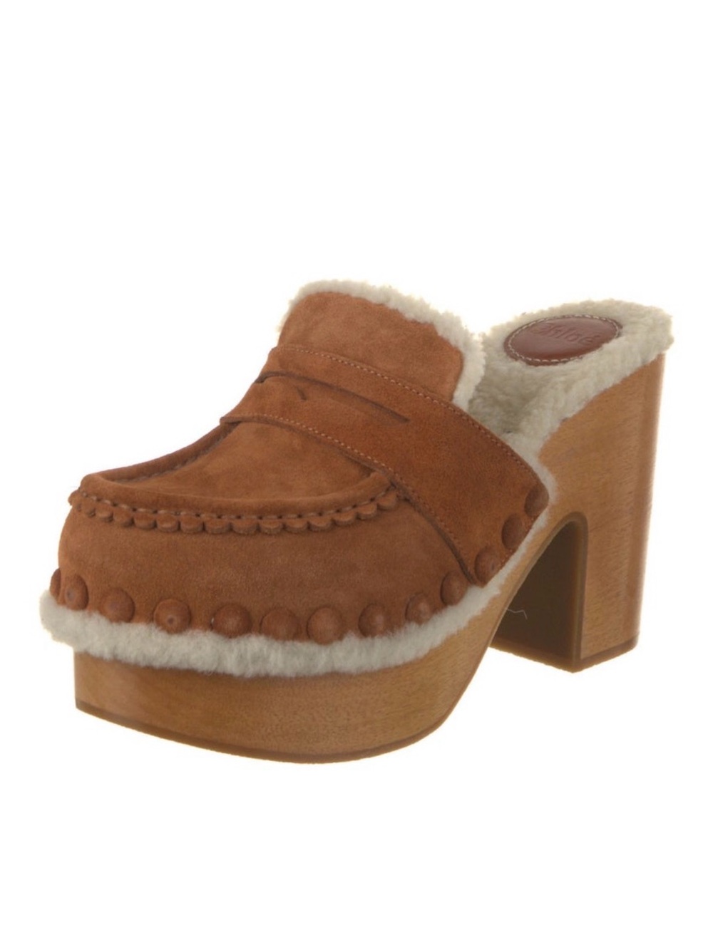 Chloe Tan Suede Shearling-Trim Platform Clog Heels